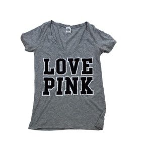 Victoria’s Secret Love Pink Grey Navy White V Neck Short Sleeve Tee Shirt Medium